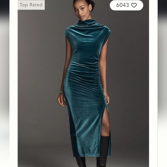Anthropologie Dresses & Skirts - Teal Velvet Ruched Midi Dress with Side Slit Maya Cowl Neck XL Anthropologie Nwo